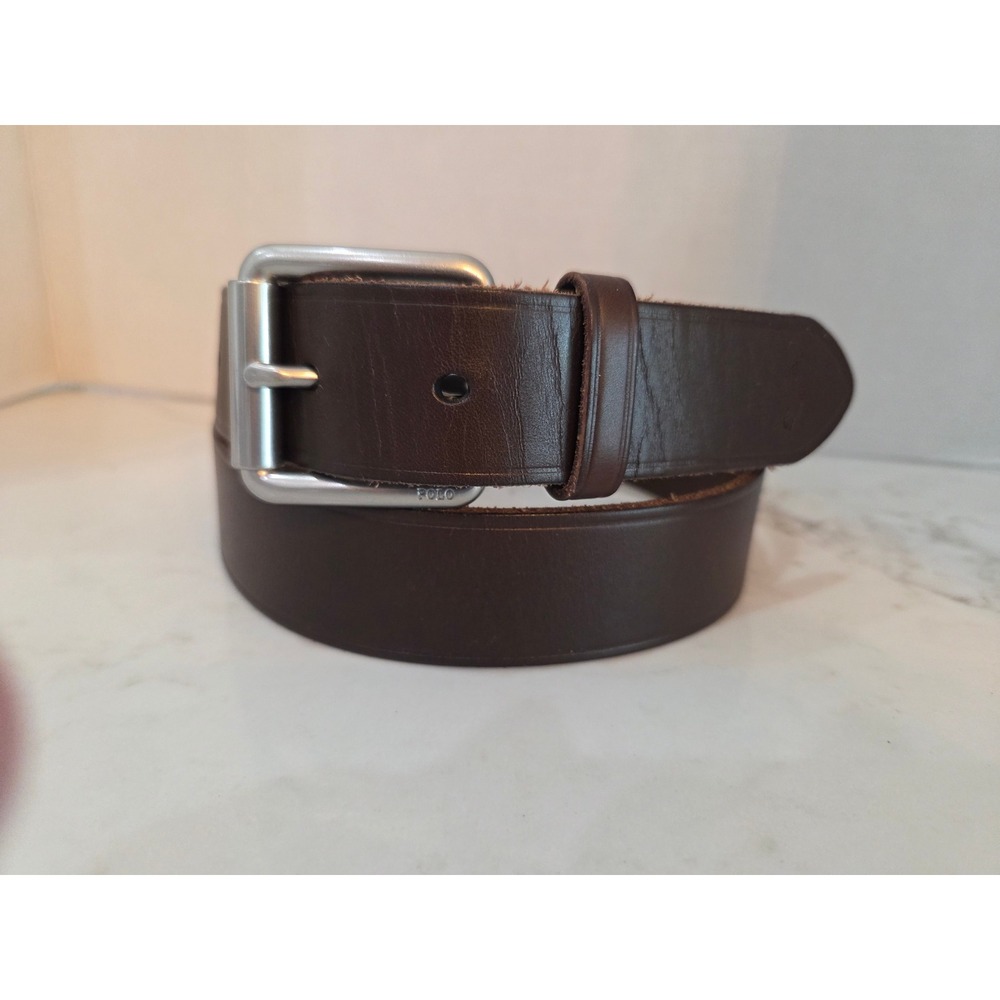 Polo Ralph Lauren Leather Belt 34 Brown Full-Grain Italian Leather Nickel Buckle